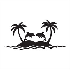 A palm tree is in the water and dolphins silhouette 