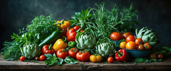 fresh organic vegetables on wooden table in natural light