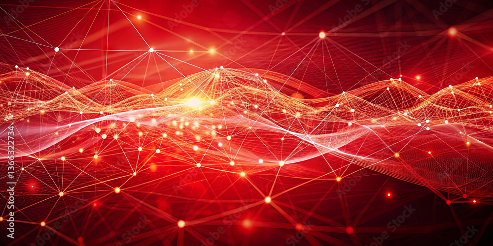 Poster colorful wave patterns in red and orange display vibrant light interactions among particles in a dig