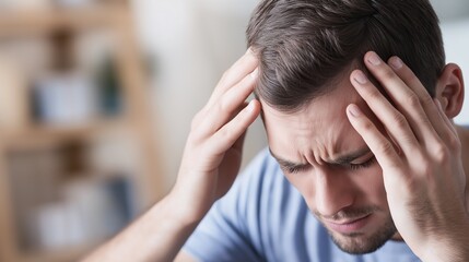 Fototapeta premium Young man pressing his head with his hands, feeling overwhelmed by a headache. Concept of stress, mental pressure, and migraine