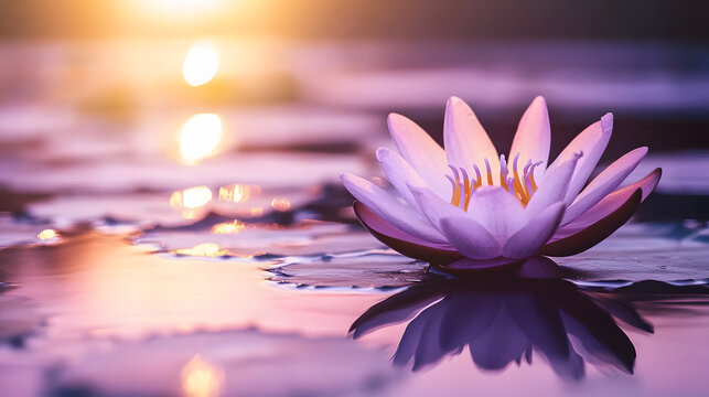 A serene and contemplative World Meditation Day scene with a tranquil lotus flower and peaceful sunset against a calming purple background, close-up shot, 