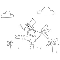 Simple coloring for children. A large bird in pants and boots looks and walks with large steps.