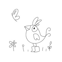 Simple coloring for kids. Cute bird in pants in boots admires a butterfly