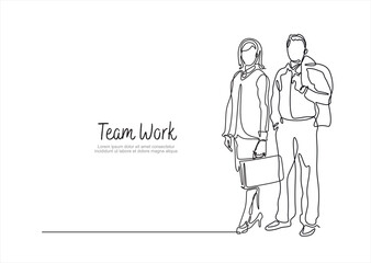 Continuous one line drawing of business people, businesswoman and businessman line art vector illustration. Business teamwork concept.Editable stroke. Doodle vector illustration	