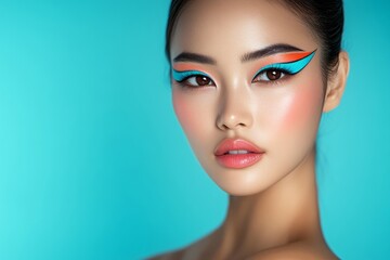 Fototapeta premium A close-up portrait of a Korean woman with vibrant, artistic eye makeup against a bright turquoise background