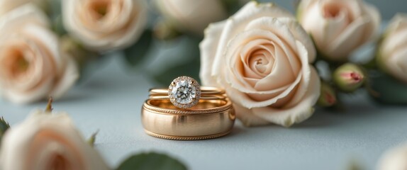 elegant wedding rings with floral bouquet - romantic marriage symbols