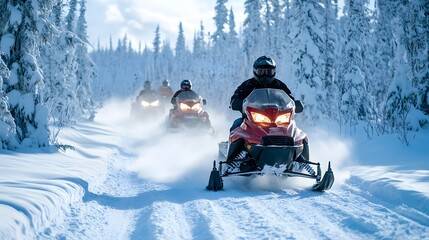snowmobiles racing across a snowy forest trail, a thrilling winter adventure, as snow sparkles and nature embraces the riders