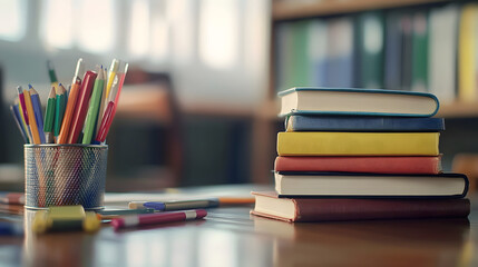 A reflective Back to School scene with books and school supplies against a nostalgic classroom backdrop, macro shot, 