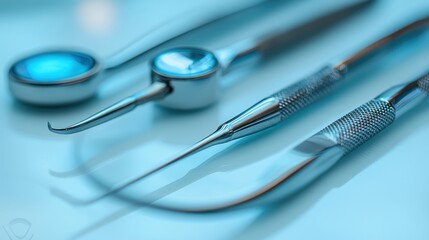 A close-up view of dental tools placed on a blue surface. The shiny instruments reflect light, showcasing their precision and detail.