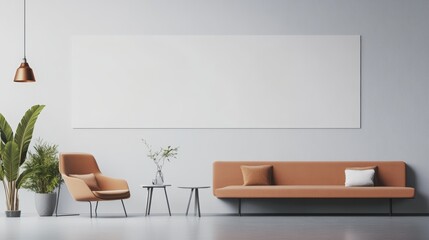 Minimalist Living Room Decor: Modern living room interior showcases minimalist elegance with an inviting sofa, stylish armchair, two coffee tables, and leafy potted plants.