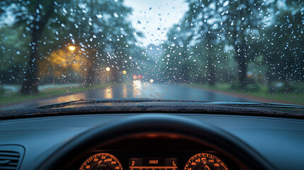 Driving through a rainy night with water droplets on the windshield and blurred street lights ahead