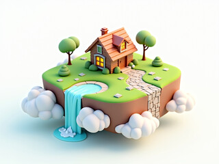 Charming House on a Floating Isle with Waterfall, 3D Render