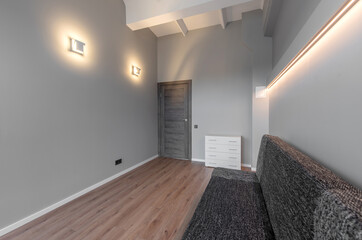 Modern Home Apartment Minimalistic Interior with Gray Sofa and Wooden Flooring