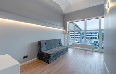 Modern Home Apartment Minimalist Room with Large Windows and Contemporary Furniture