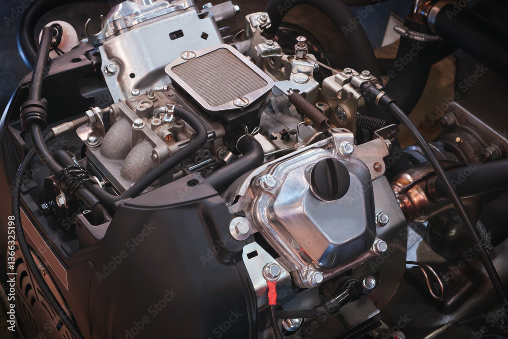Poster A close up of a car engine with a black and silver color scheme. The engine is the main focus of the image, and it is a powerful and well-built piece of machinery