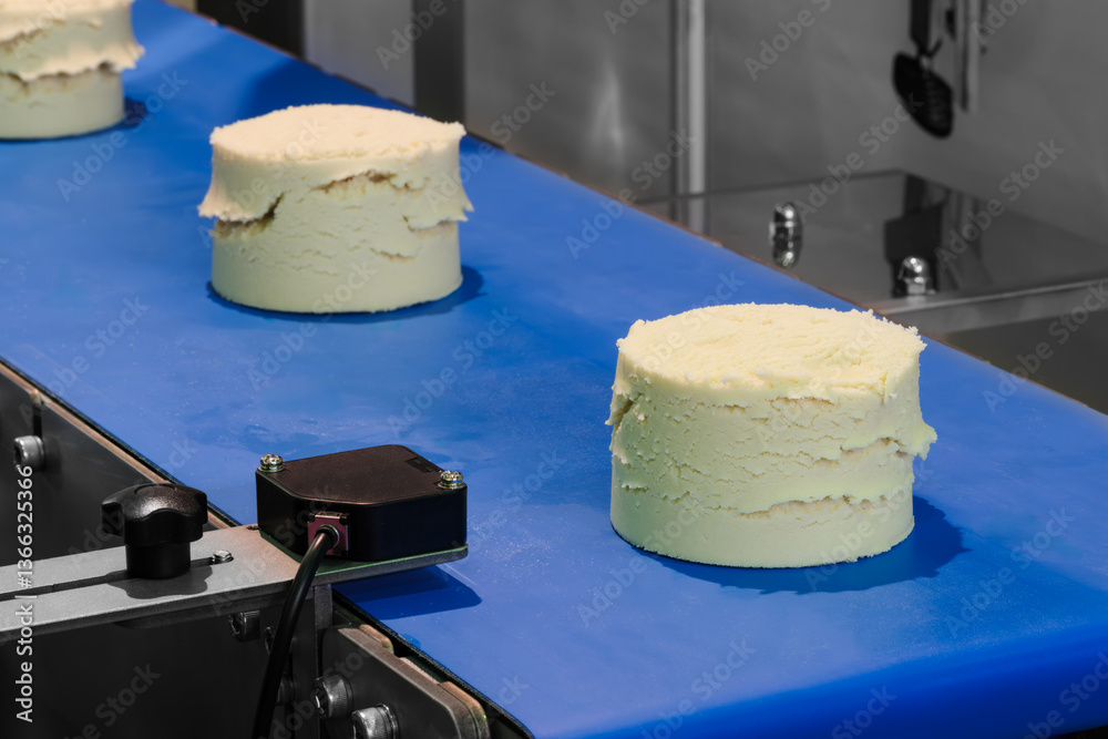 Poster a blue conveyor belt with three cakes on it. the cakes are all different sizes and shapes