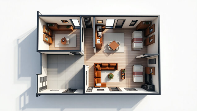Modern Two Bedroom Apartment Floor Plan with Garage Top Down View
