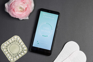 Smartphone with period calendar application, menstrual products and flower on grey background, flat...