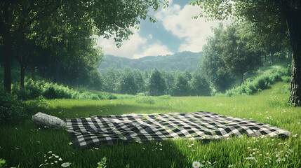Charming Picnic Scene with a Checkered Blanket Spread Out on Green Grass
