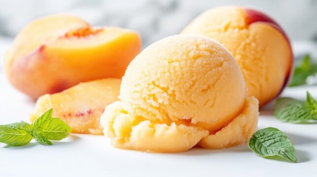 Peach ice cream scoops, fresh peaches, and mint leaves