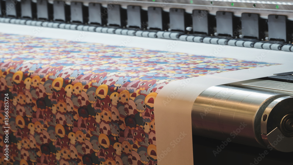 Poster a machine is printing a colorful piece of fabric with a pattern of animals. the machine is in a fact
