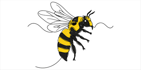 yellow and black bee continuous single line art drawing sketch on white background