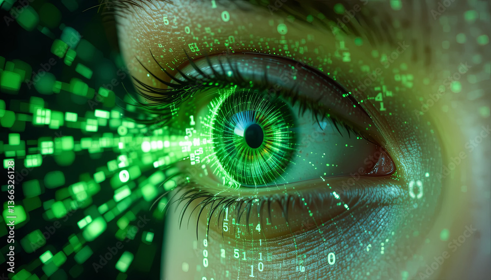 Poster an eye is illuminated with green digital patterns and data streams, creating a striking visual repre