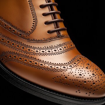 Close-up of polished brown leather brogue shoe with detailed perforations and stitching