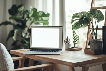 Fototapeta premium Laptop with Blank Screen on Wooden Desk with Plants Indoor