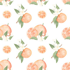 Watercolor seamless pattern with oranges. Orange blossom. Texture. Juicy pattern. Summer vibe. Textile print. Home textile. Spain, Italy. Summer.