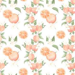Watercolor seamless pattern with oranges. Orange blossom. Texture. Juicy pattern. Summer vibe. Textile print. Home textile. Spain, Italy. Summer.