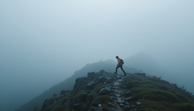 4️⃣ "Misty Mountain Trail with a Single Hiker" &ndash; Fog-covered mountain trail jisme ek hiker patience aur determination ke saath chal raha ho, deep storytelling feel ke saath.
