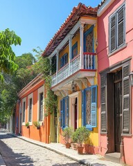 Obraz premium Colorful colonial-style buildings on sunlit cobblestone street with vibrant facades and greenery