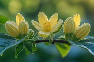 Obraz premium Beautiful yellow magnolia flower blooming on a green branch in a lush garden setting