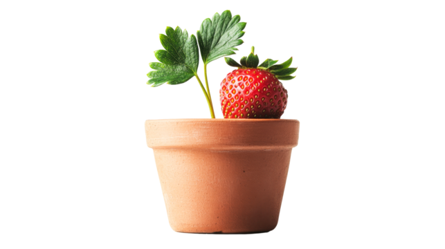 Strawberry in a small terracotta pot on a clear backdrop