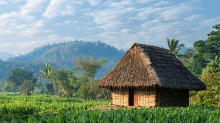Obraz premium A rustic thatched-roof hut stands nestled in a lush field, set against a mountainous backdrop under a serene, blue sky. The scene evokes a sense of peaceful rural life