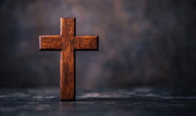 Wooden cross on a dark background with copy space, a symbol of Christianity and spirituality Generative AI
