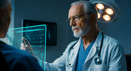 Experienced Doctor Using Futuristic Digital Touchscreen Interface for Patient Data Analysis in Modern Hospital