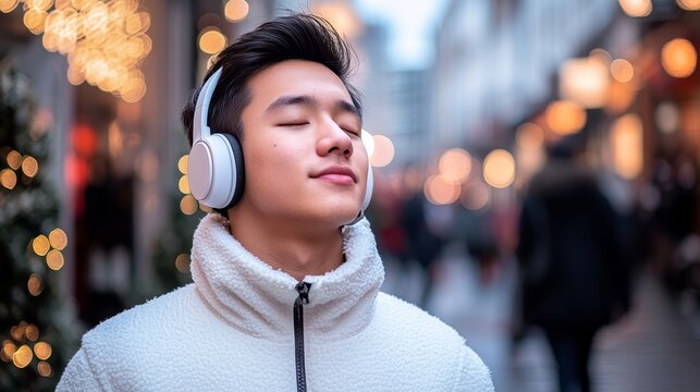 A young man wearing headphones stands with eyes closed in a softly lit street, surrounded by blurred festive lights