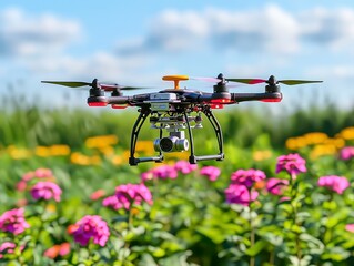 Drone hovering over vibrant flower field pollinating with beautiful colors in a scenic agricultural landscape