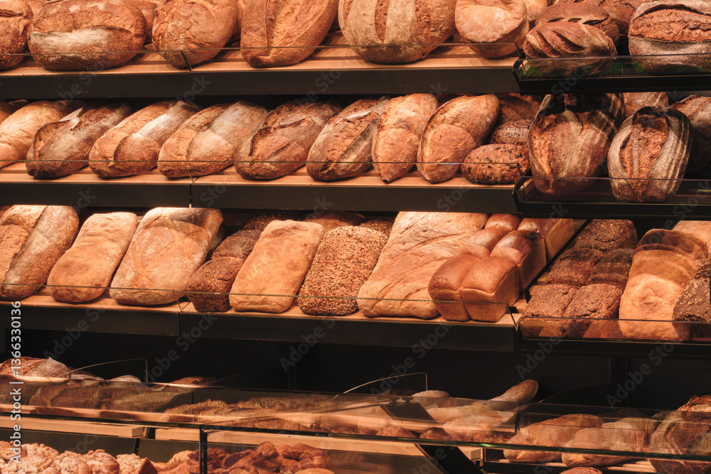 Poster Breads on the shelf in the market or bakery.  bakery with many different types of bread on display. bread is arranged in rows and there are many different types of bread to choose from