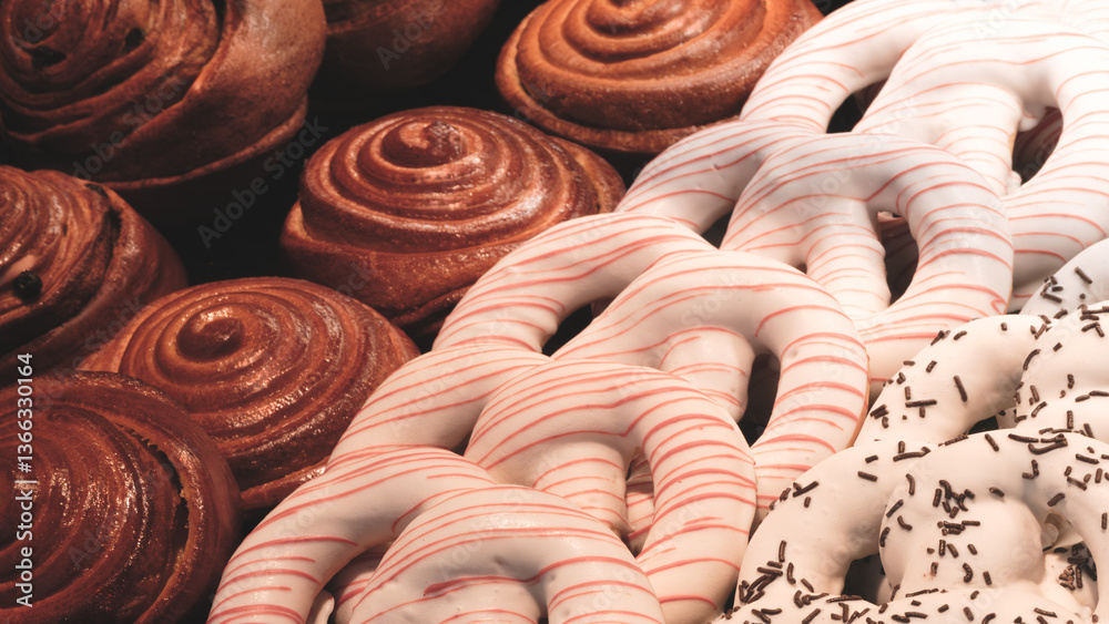 Poster A row of pastries with a white stripe on them. The pastries are arranged in a row and include cinnamon rolls, doughnuts, and waffle cookies