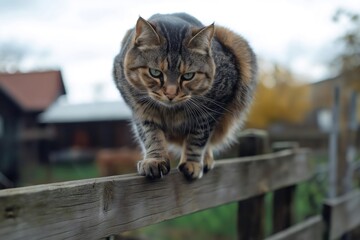Curious cat balancing on wooden fence in rural setting. Generative ai illustrations