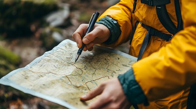 A hiker reviewing a map and navigating the scenic terrain outdoors. They are wearing a yellow jacket, immersed in the adventure, using a map to find the way. 