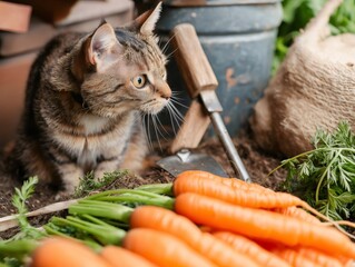 Curious cat observing freshly harvested carrots in garden. Generative ai illustrations