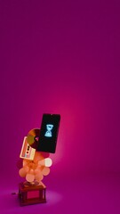 Cassette CD Smartphone and Gramophone Stacked in Vertical Composition with Hourglass Icon on Purple Background