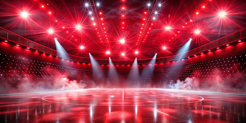 A striking arena is bathed in vibrant red lights, featuring a glossy reflective floor. The setup is perfect for concerts, performances, or sports events, creating an electrifying ambiance