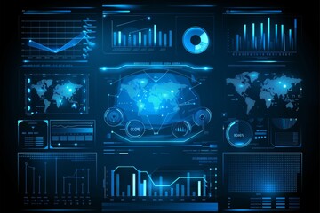 Futuristic transparent hud interface with glowing blue holographic dashboard and data visualizations