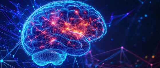 Obraz premium Digital illustration of a human brain with glowing neural connections in blue and orange