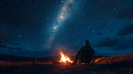 a person sitting next to a bonfire, gazing up at the starlit night sky, enveloped in wonder and awe